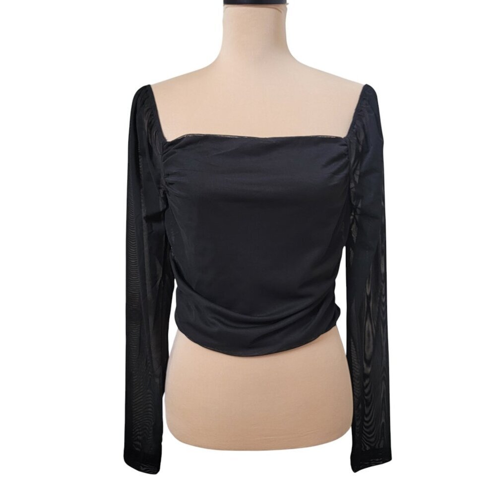 Shinestar Size L Black Ruched Long Sleeve Cropped Square Neck Top
